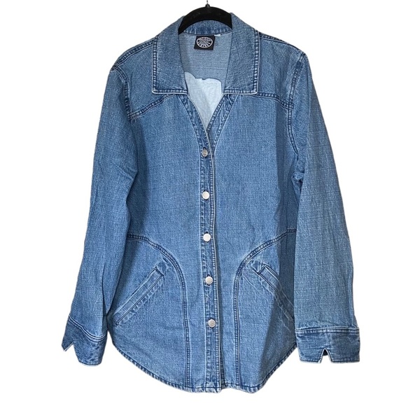 Denim Button Down Oversized Shirt Jacket Blue Jean Size Large Cotton Shacket - Picture 1 of 3